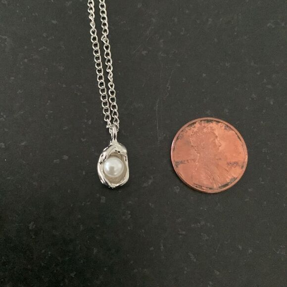 Whimsical Egg in a Nest Pendant Necklace - Silver Tone with Faux Pearl - Picture 6 of 10